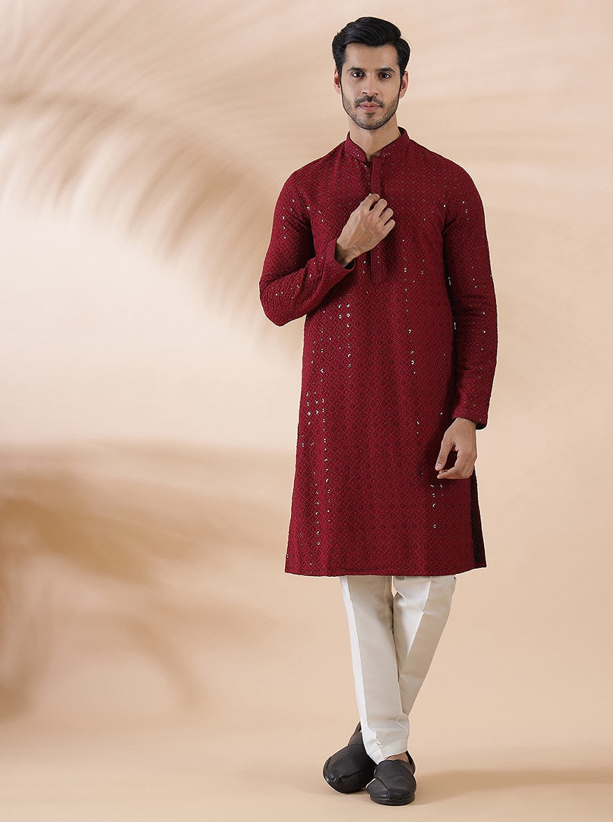 Maroon Embroidered Kurta For Men