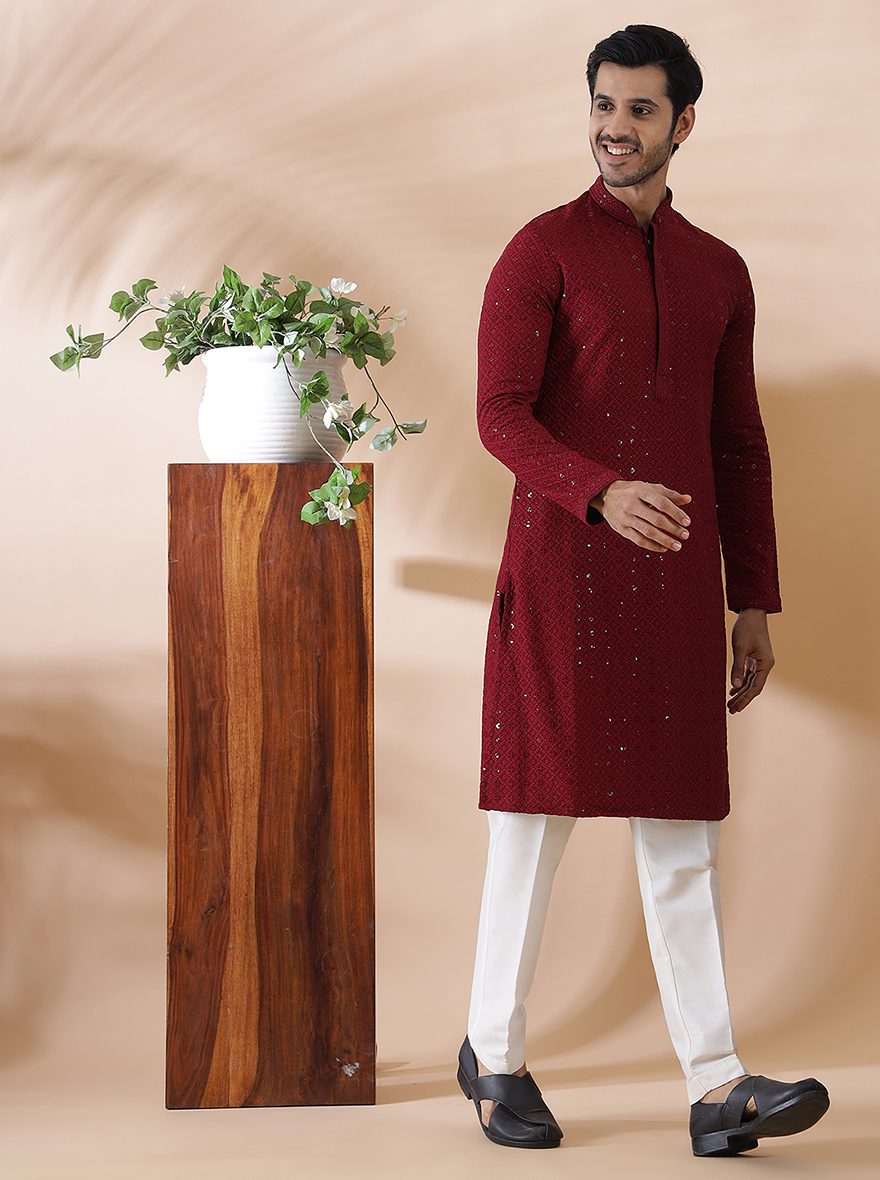 Maroon Embroidered Kurta For Men