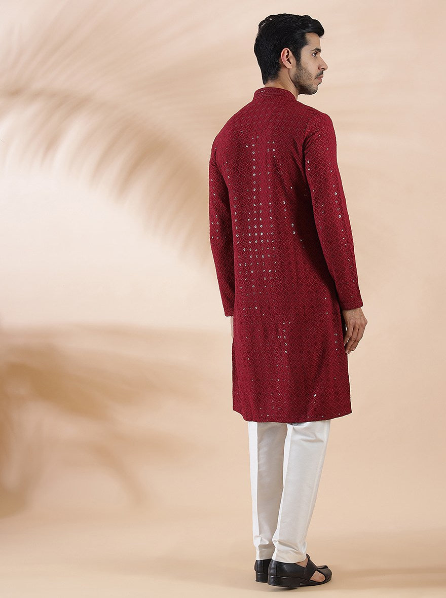 Maroon Embroidered Kurta For Men