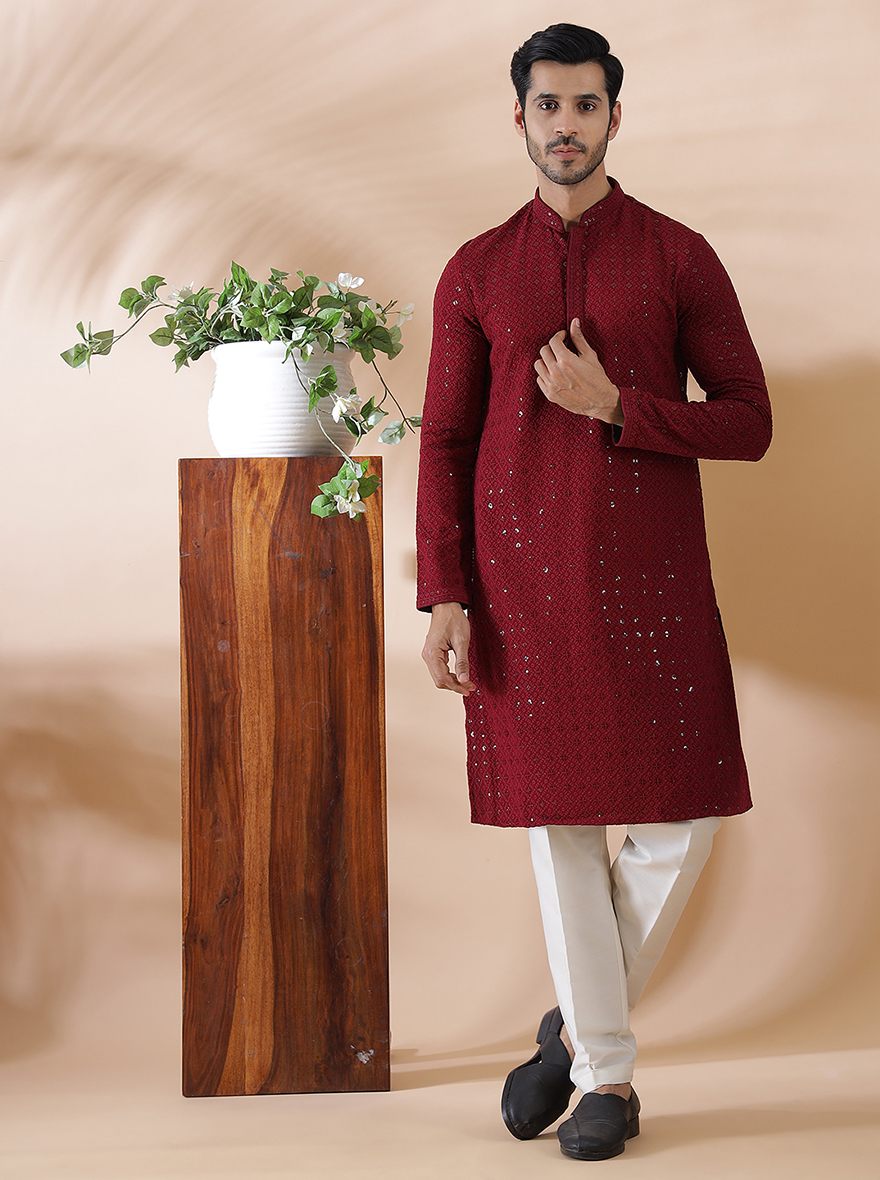 Maroon Embroidered Kurta For Men