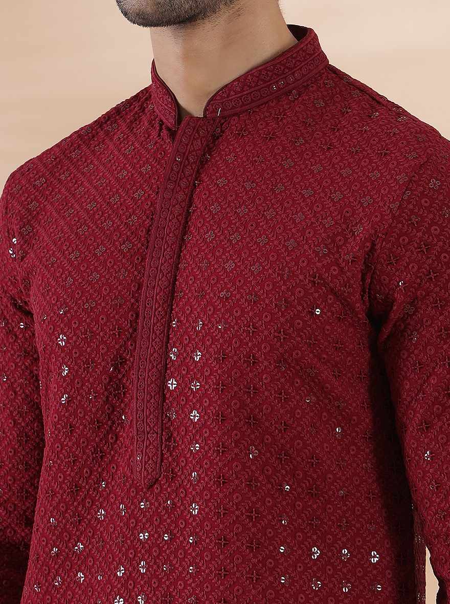 Maroon Embroidered Kurta For Men