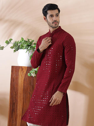 Maroon Embroidered Kurta For Men