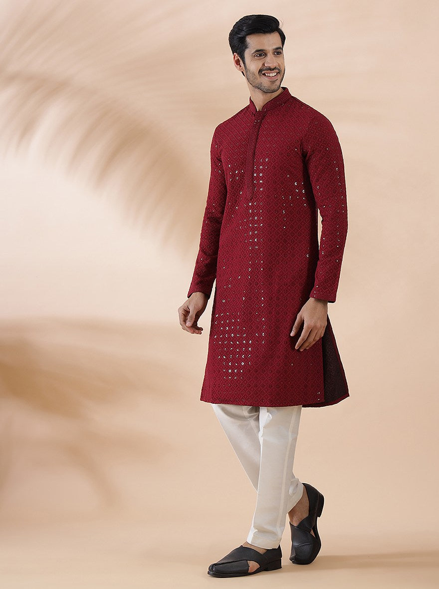 Maroon Embroidered Kurta For Men