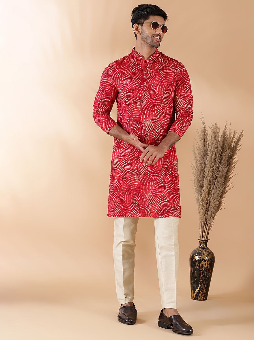 Red Printed Kurta For Men