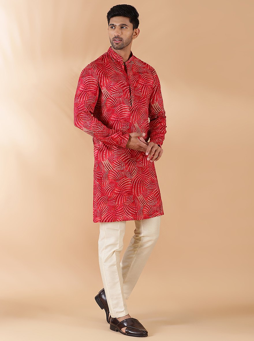 Red Printed Kurta For Men