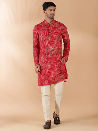 Red Printed Kurta For Men