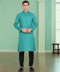 Green Solid Cotton Blend Kurta for Men