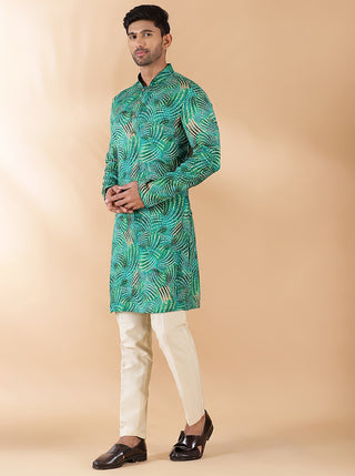 Green Printed Kurta For Men