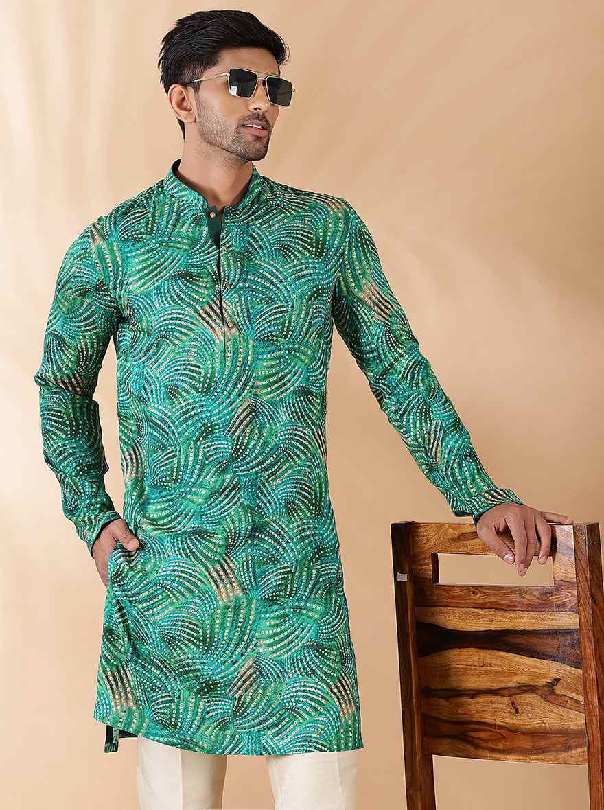 Green Printed Kurta For Men