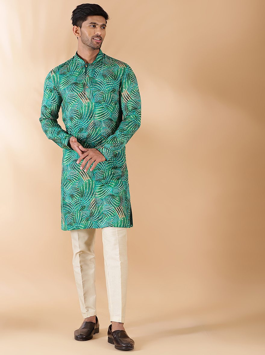 Green Printed Kurta For Men