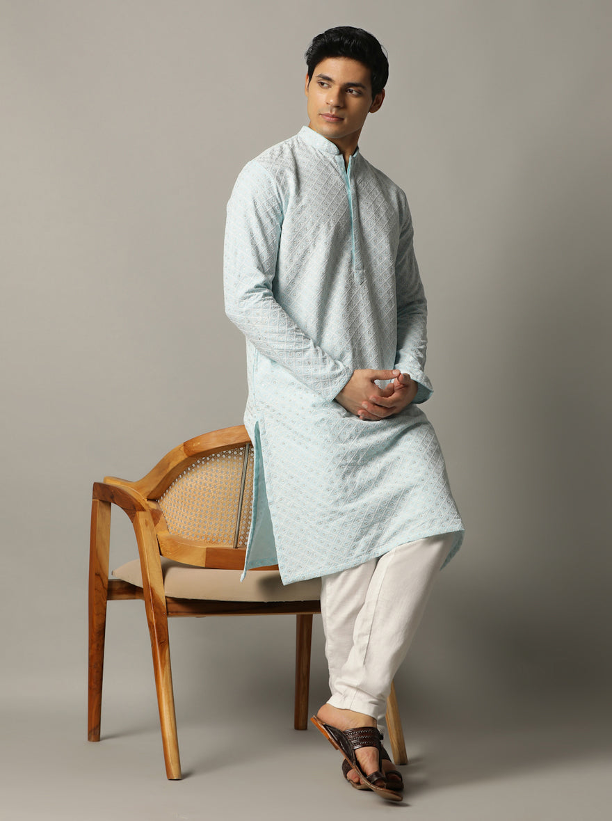 Sky Blue Embroidered Kurta For Men