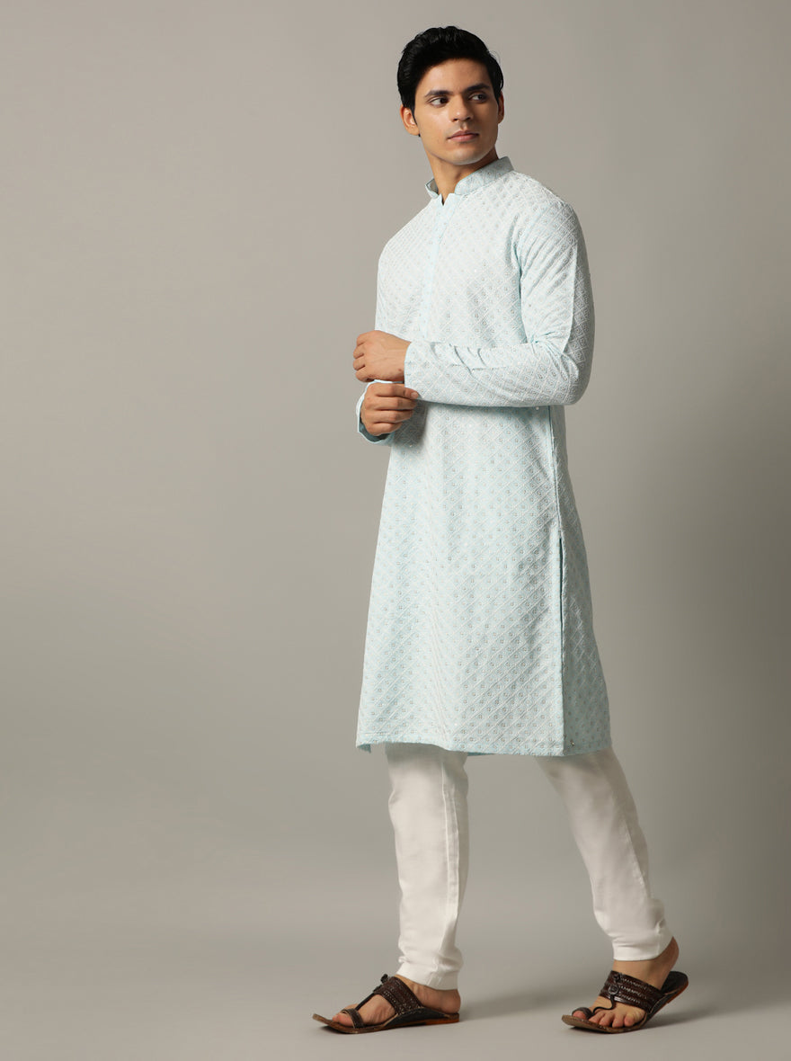 Sky Blue Embroidered Kurta For Men