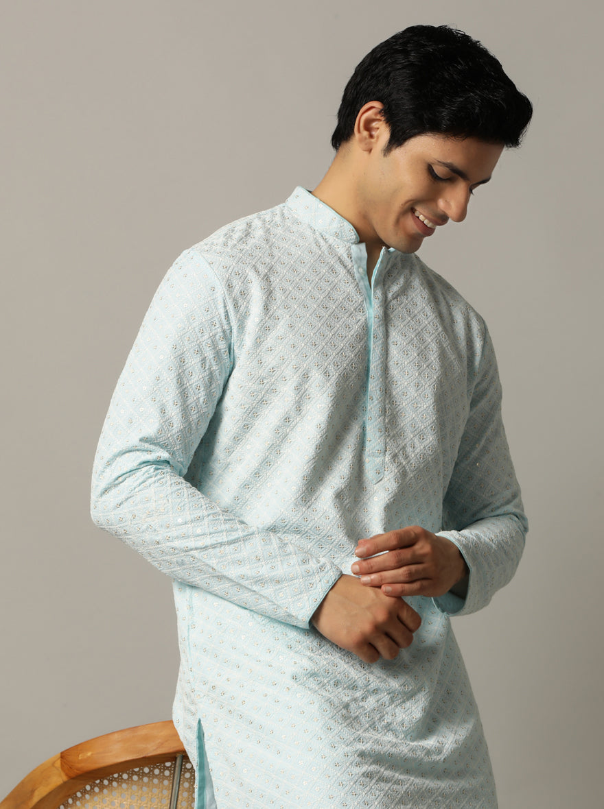 Sky Blue Embroidered Kurta For Men