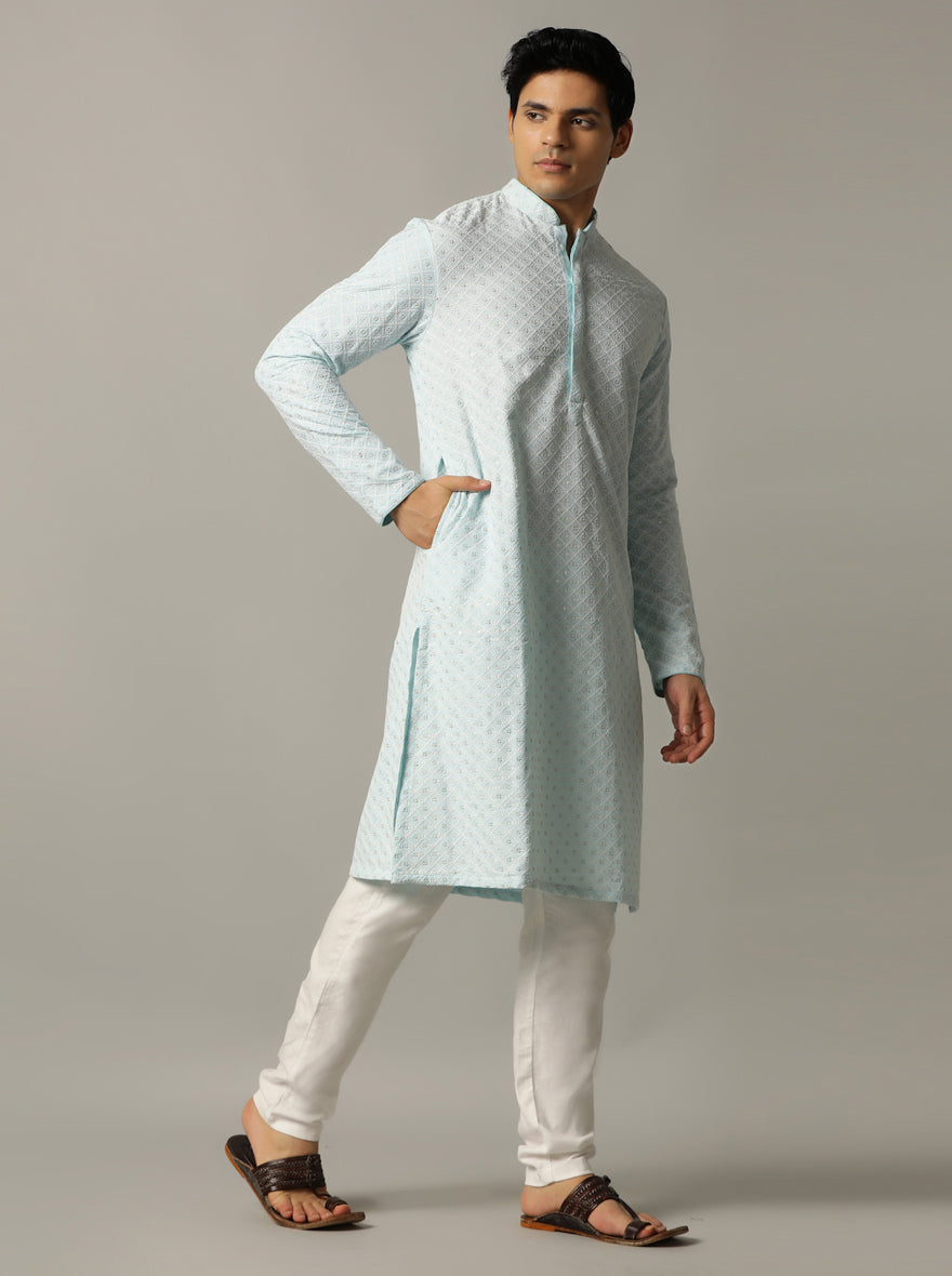 Sky Blue Embroidered Kurta For Men