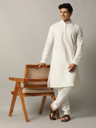 Off White Embroidered Kurta For Men