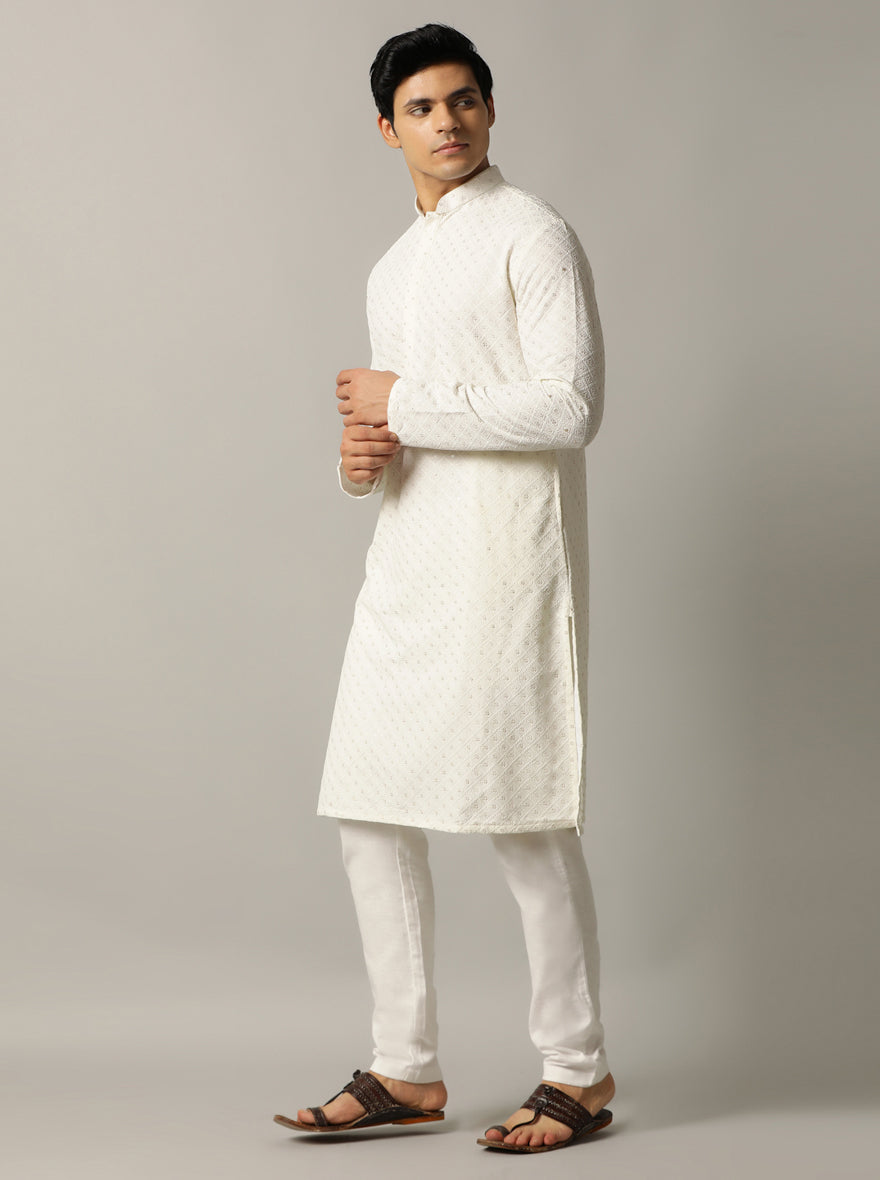 Off White Embroidered Kurta For Men