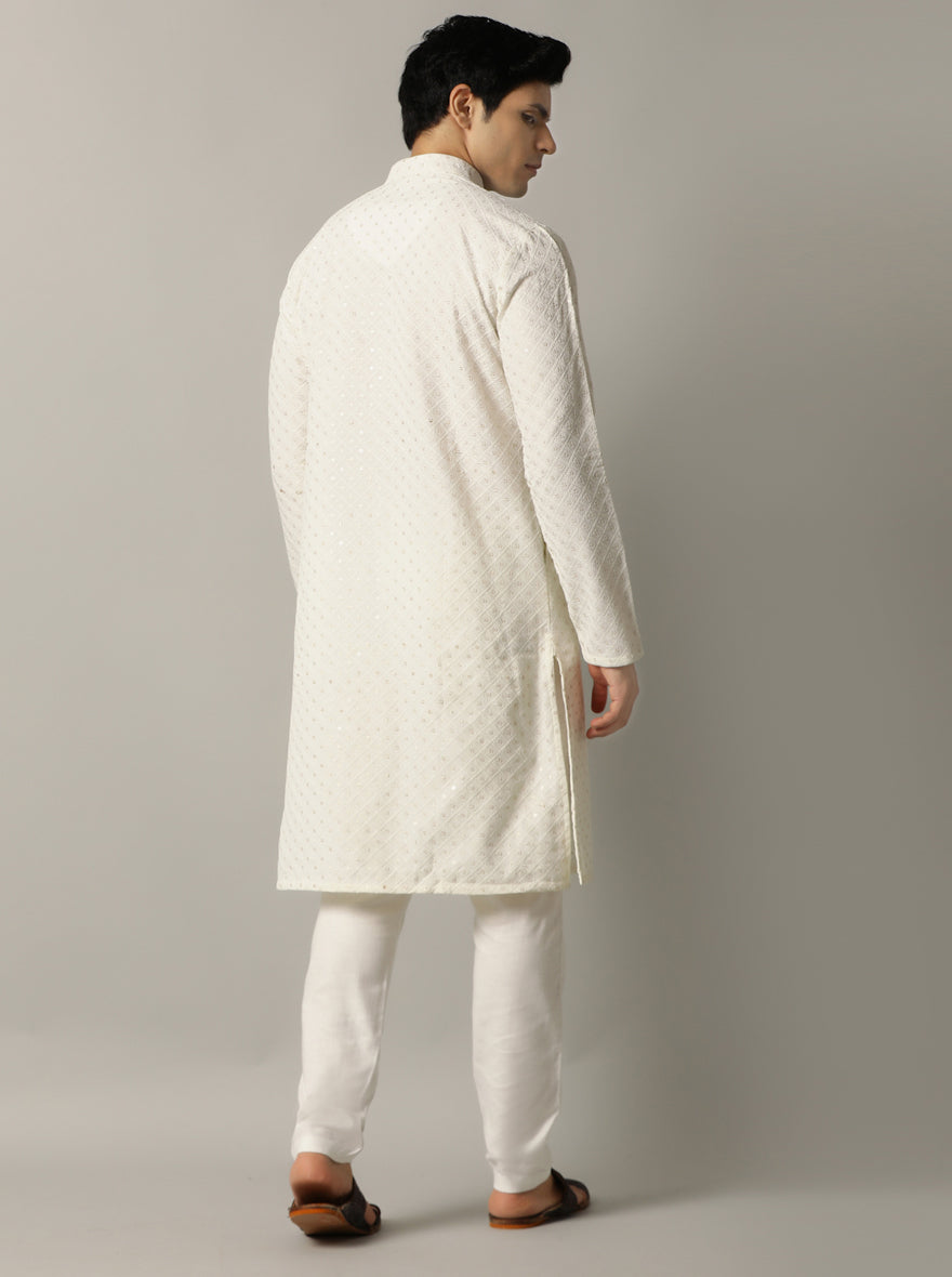 Off White Embroidered Kurta For Men