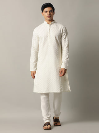 Off White Embroidered Kurta For Men