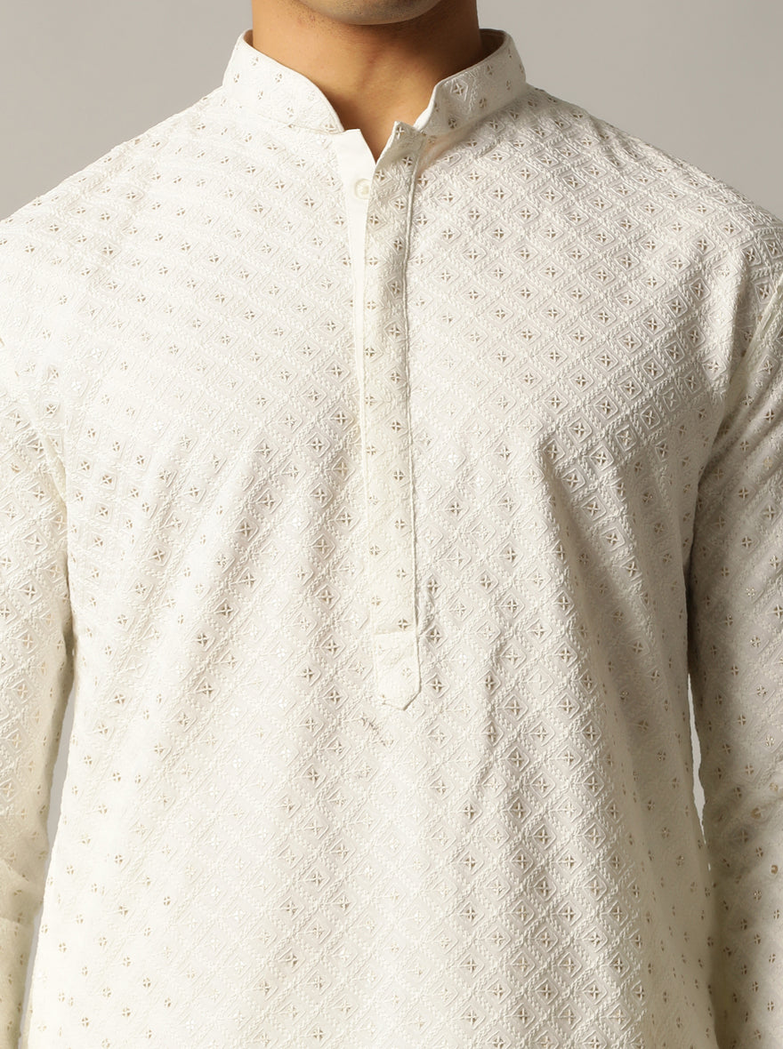 Off White Embroidered Kurta For Men