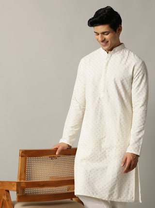 Off White Embroidered Kurta For Men