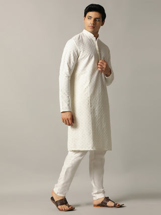 Off White Embroidered Kurta For Men