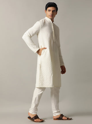 Off White Embroidered Kurta For Men