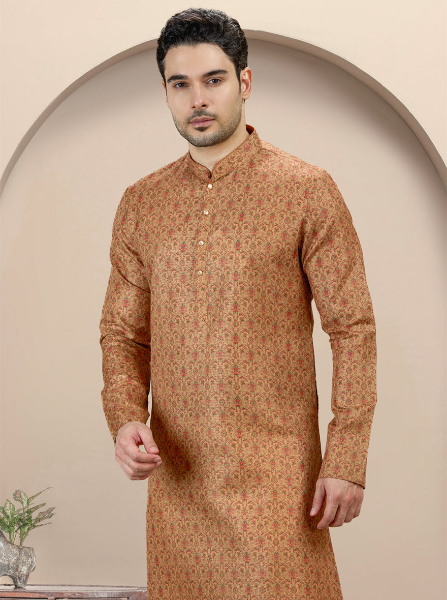 Khaki Printed Kurta For Men