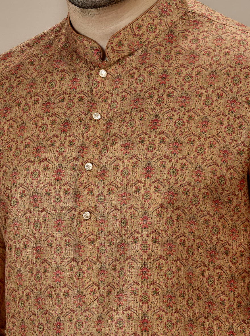 Khaki Printed Kurta For Men