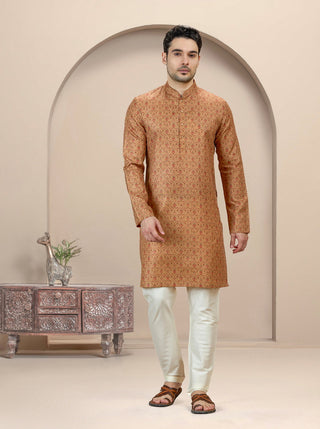 Khaki Printed Kurta For Men