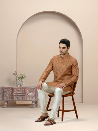 Khaki Printed Kurta For Men