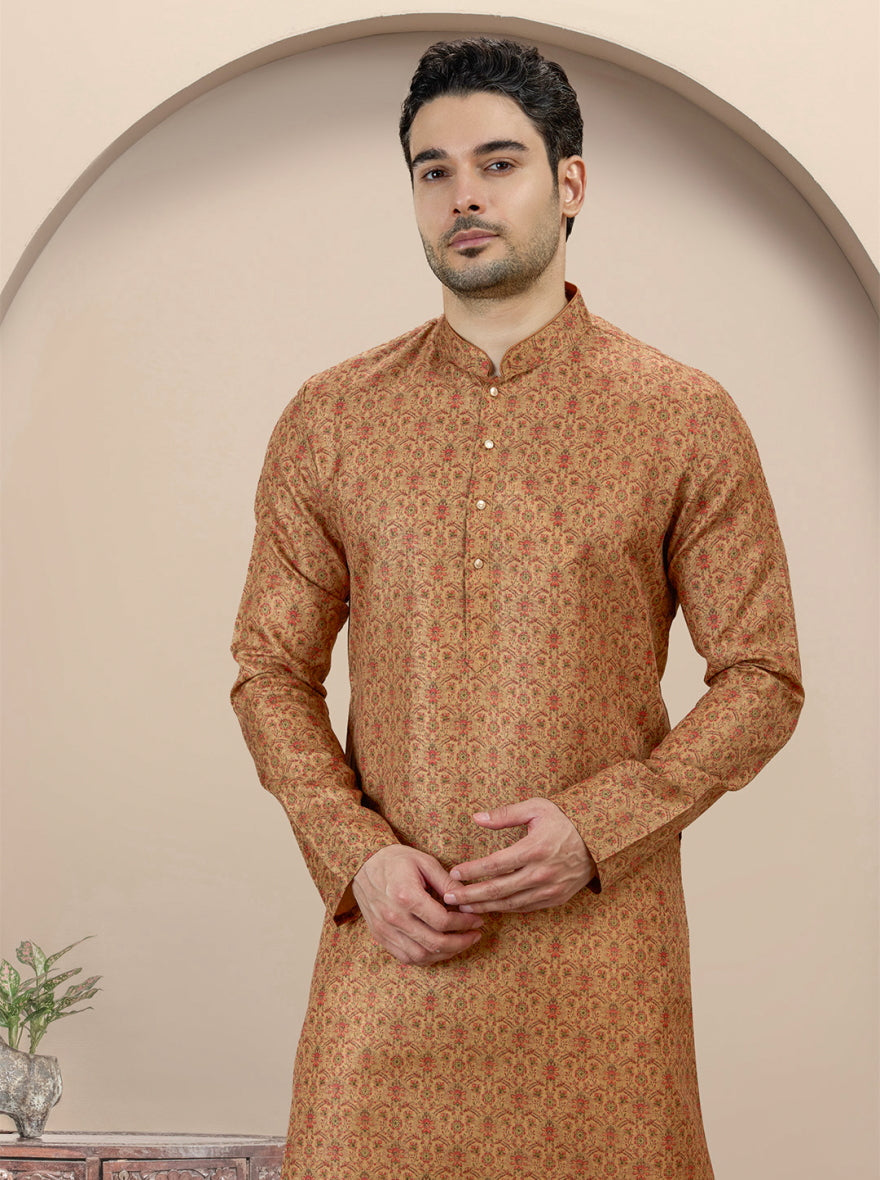 Khaki Printed Kurta For Men