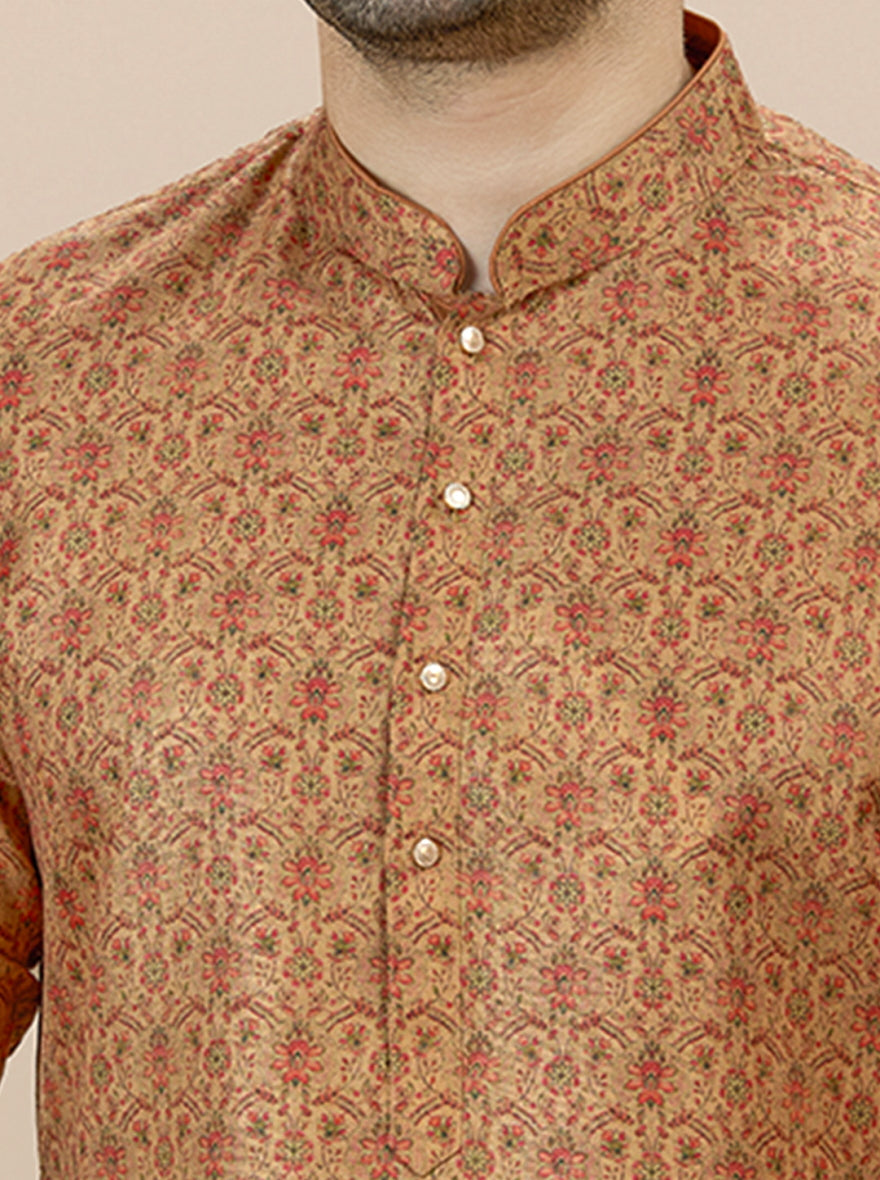 Khaki Printed Kurta For Men