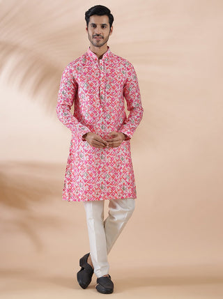 Pink Printed Kurta For Men