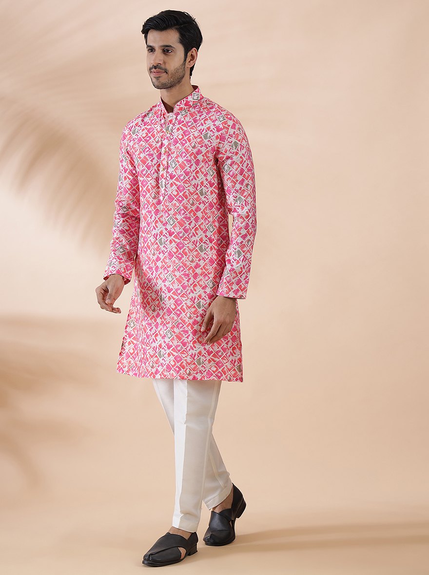 Pink Printed Kurta For Men