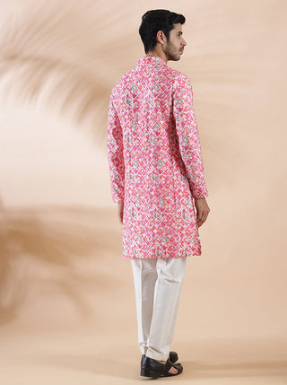 Pink Printed Kurta For Men