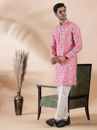 Pink Printed Kurta For Men