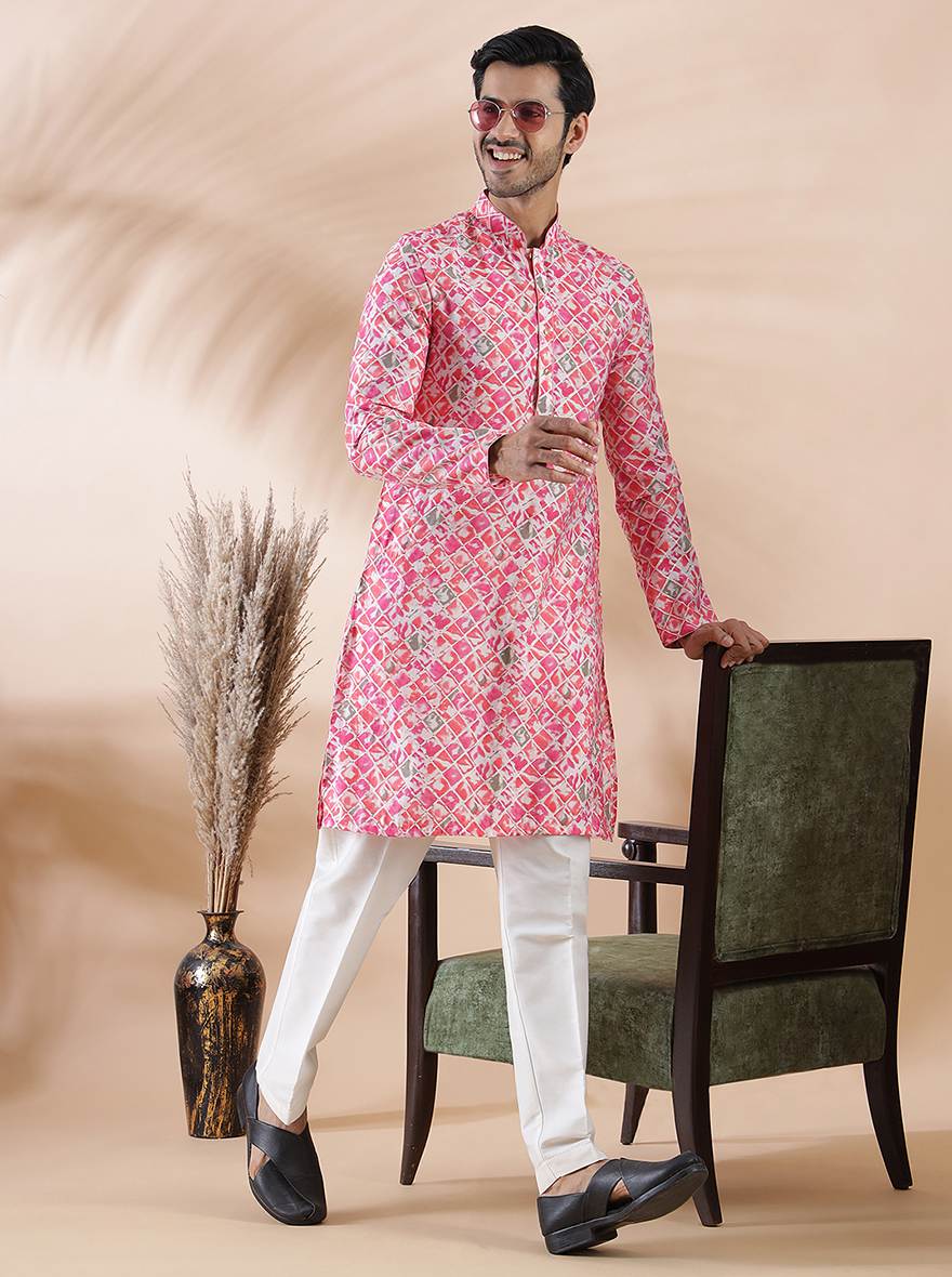 Pink Printed Kurta For Men