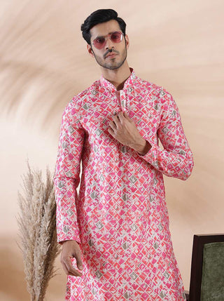 Pink Printed Kurta For Men