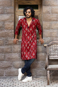 Red Printed Cotton Blend Kurta for Men