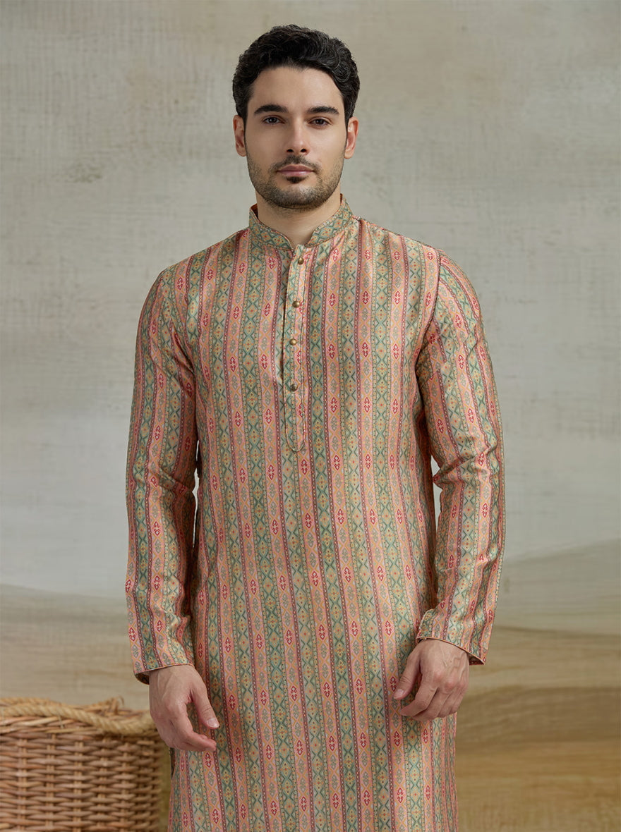 Peach & Green Printed Kurta For Men