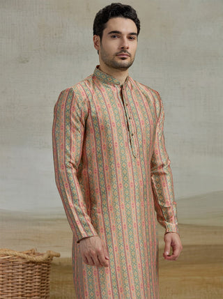 Peach & Green Printed Kurta For Men