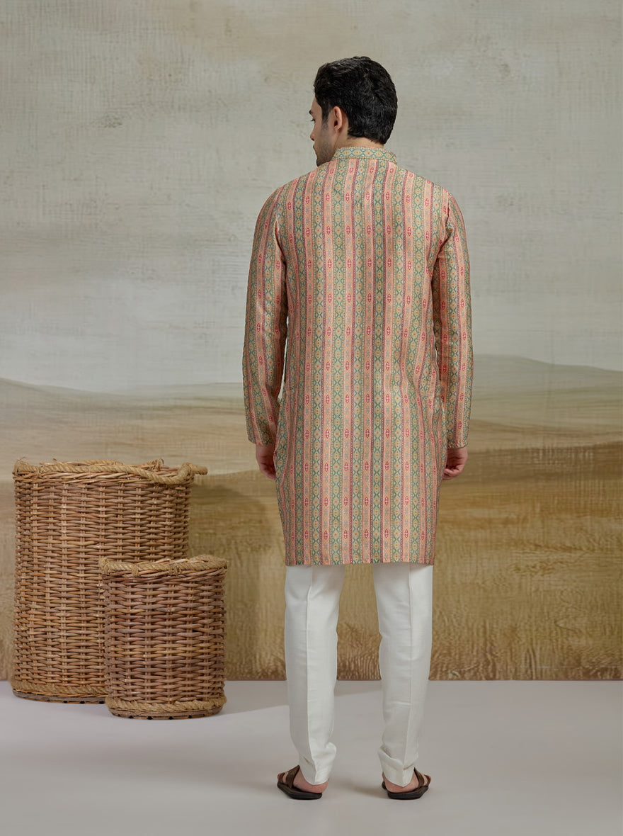 Peach & Green Printed Kurta For Men