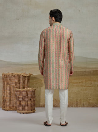 Peach & Green Printed Kurta For Men