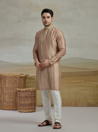 Peach & Green Printed Kurta For Men