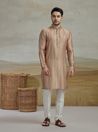 Peach & Green Printed Kurta For Men