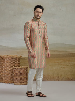 Peach & Green Printed Kurta For Men