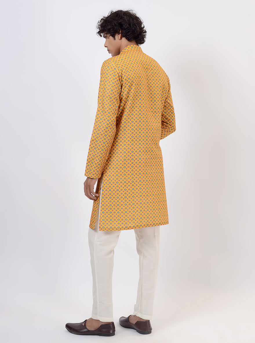 Mustard Yellow Printed Kurta For Men