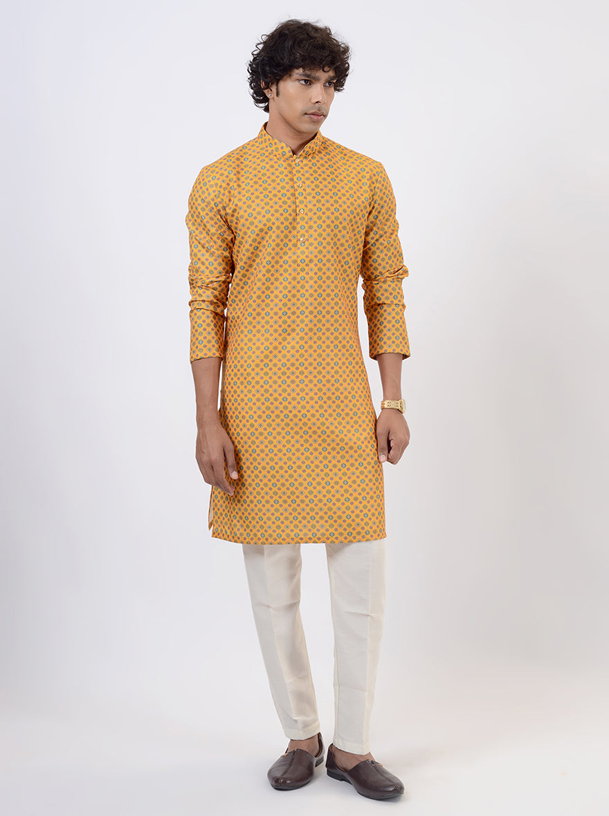 Mustard Yellow Printed Kurta For Men