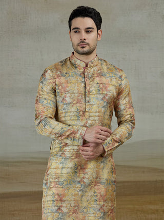 Yellow Printed Kurta For Men