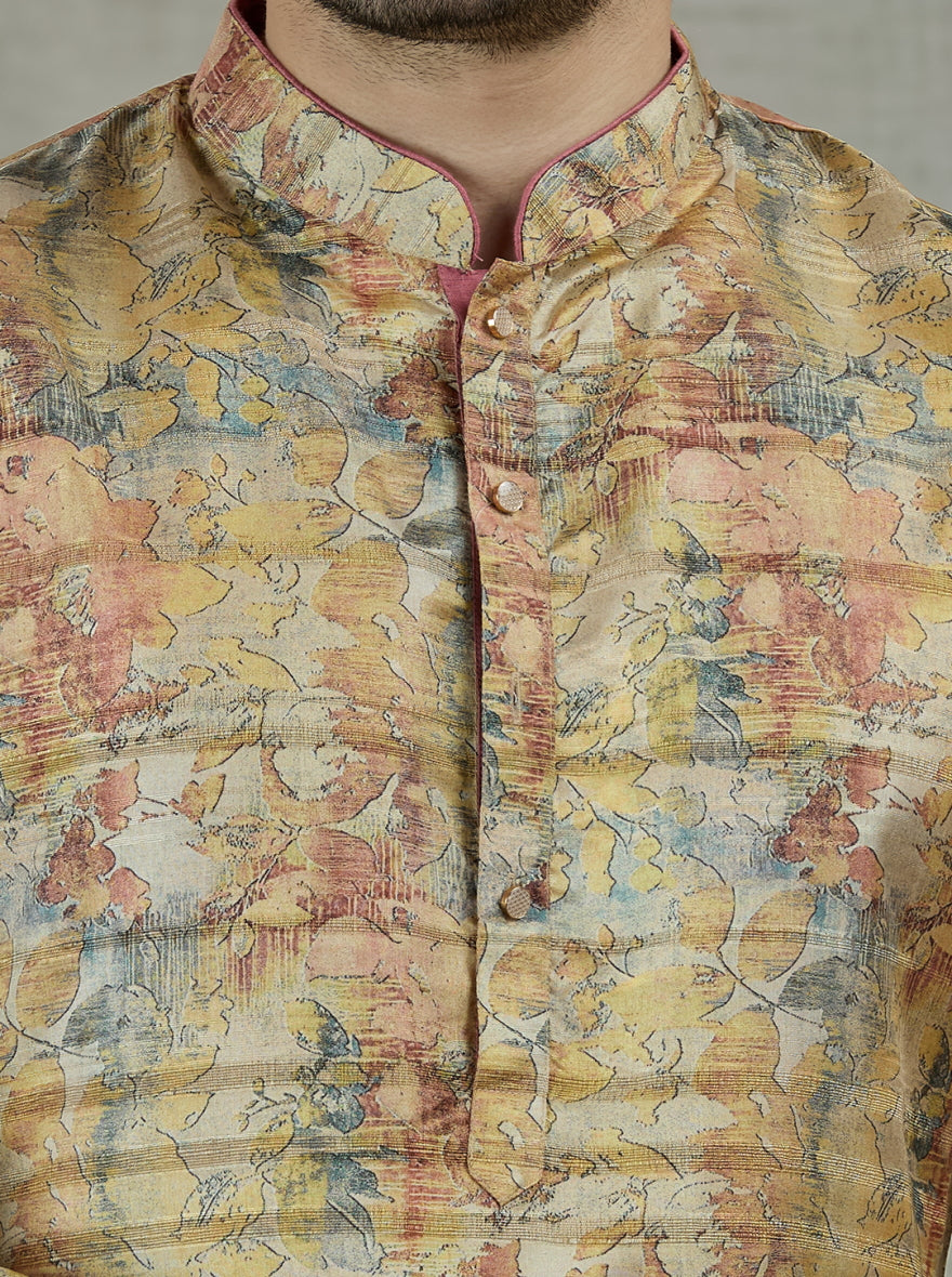 Yellow Printed Kurta For Men
